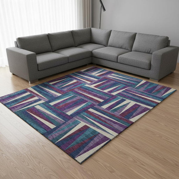 HomeRoots 8' X 10' Stylish Purple Ivory Blue Geometric Area Rug - Washable, UV Protected for High Traffic Areas 679454