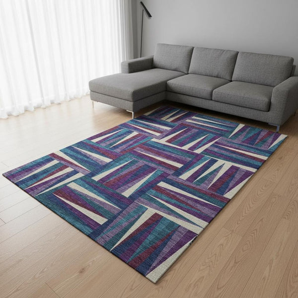 HomeRoots 9' X 12' Geometric Area Rug in Purple, Ivory & Blue - Washable, UV-Protected, Durable & Stylish! 679455