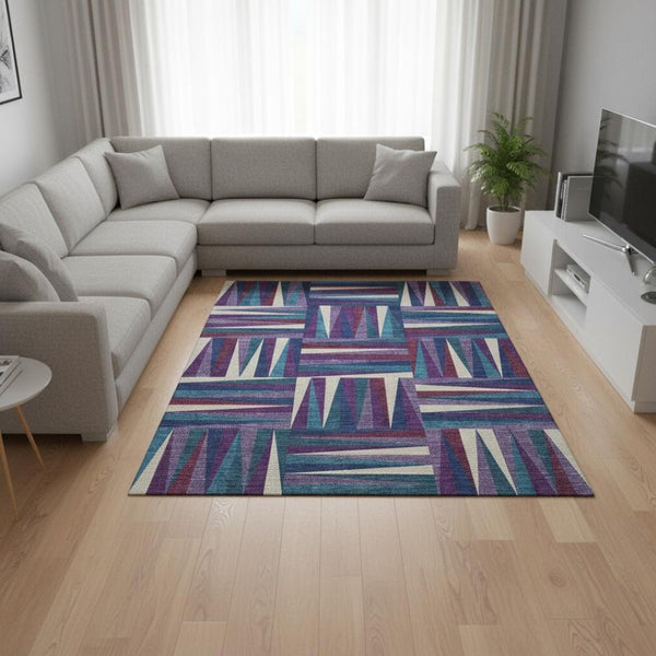 HomeRoots 10' Geometric Washable Area Rug in Purple, Ivory & Blue - UV Protected for Stylish Family Living Spaces 679456
