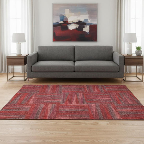 HomeRoots 5' X 8' Geometric Area Rug in Bold Red & Burgundy - Washable, UV Protected, Durable for High Traffic Areas 679458