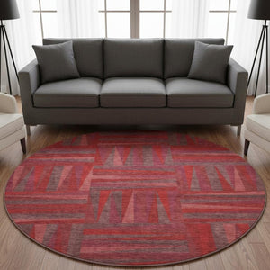 HomeRoots 8' Red And Burgundy Geometric Washable Round Rug - Durable, UV-Protected, Modern Style for Any Room 679459