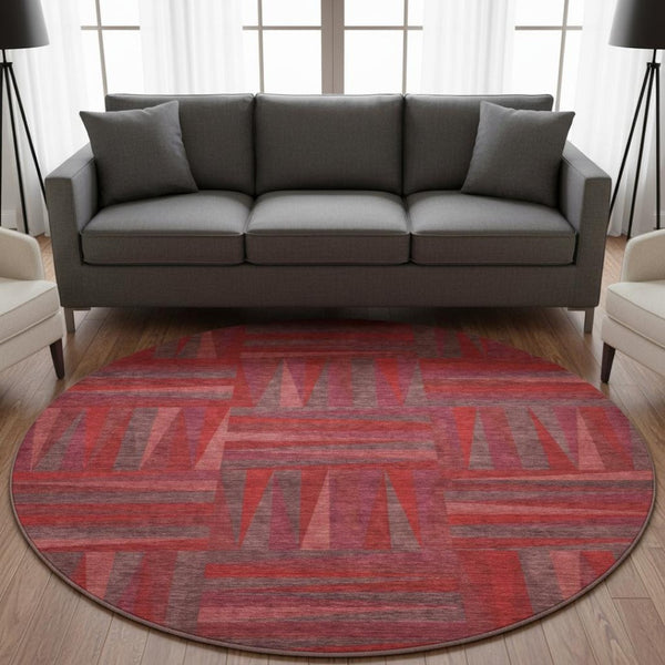 HomeRoots 8' Red And Burgundy Geometric Washable Round Rug - Durable, UV-Protected, Modern Style for Any Room 679459