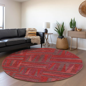 HomeRoots 8' Red And Burgundy Geometric Washable Round Rug - Durable, UV-Protected, Modern Style for Any Room 679459