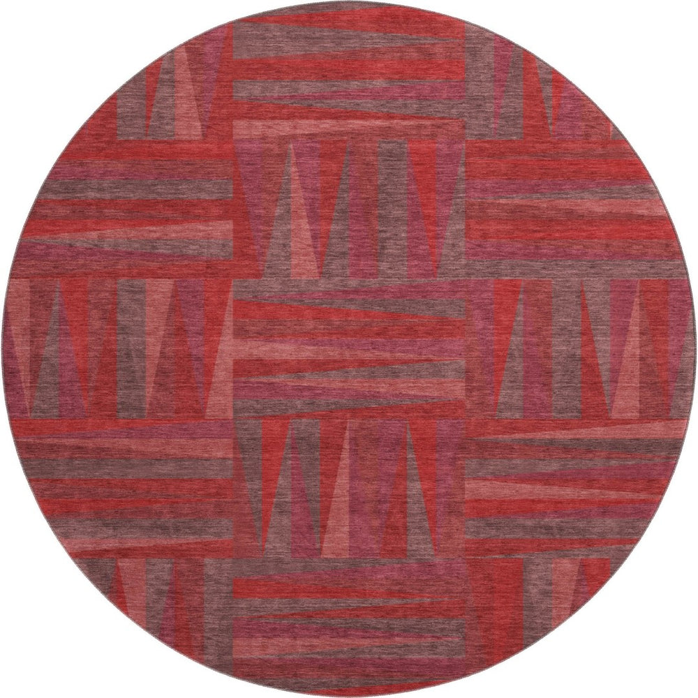 HomeRoots 8' Red And Burgundy Geometric Washable Round Rug - Durable, UV-Protected, Modern Style for Any Room 679459