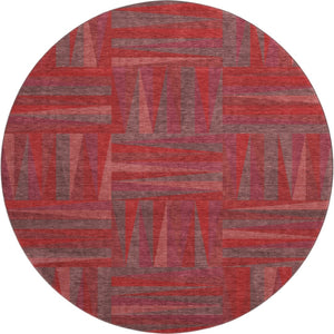 HomeRoots 8' Red And Burgundy Geometric Washable Round Rug - Durable, UV-Protected, Modern Style for Any Room 679459