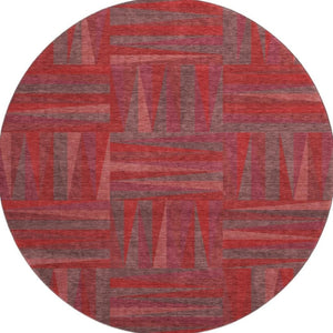 HomeRoots 8' Red And Burgundy Geometric Washable Round Rug - Durable, UV-Protected, Modern Style for Any Room 679459