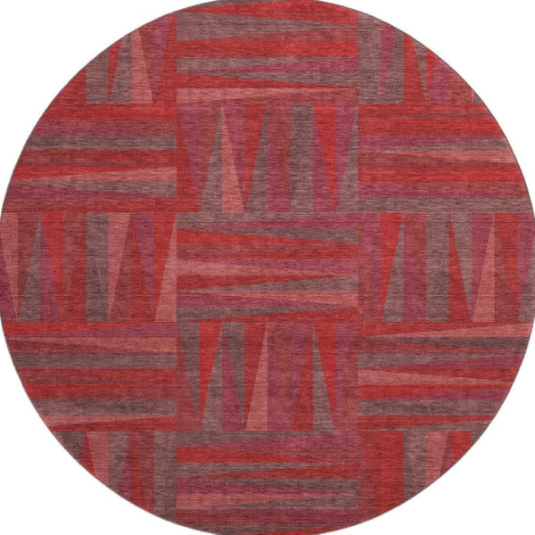 HomeRoots 8' Red And Burgundy Geometric Washable Round Rug - Durable, UV-Protected, Modern Style for Any Room 679459