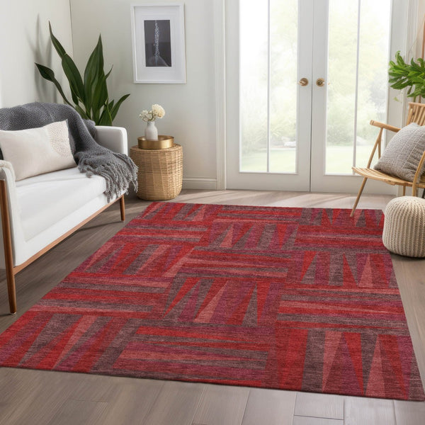 HomeRoots 8' X 10' Red And Burgundy Geometric Washable Area Rug - UV Protected, Stain Resistant, Easy Care! 679460