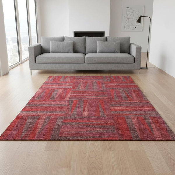 HomeRoots 9' X 12' Red And Burgundy Geometric Washable Area Rug - Durable, Stylish, UV Protected for Busy Homes 679461