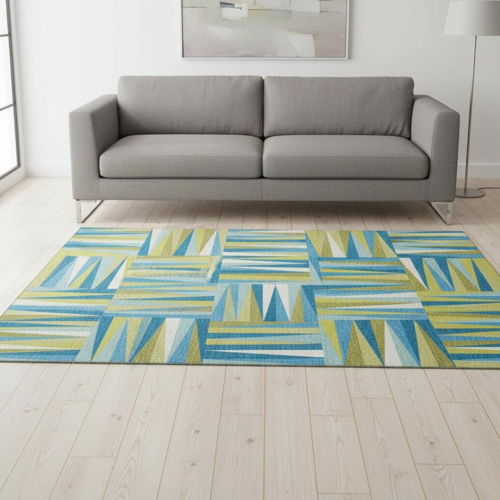 HomeRoots 5' X 8' Teal Green and Ivory Geometric Area Rug - Stylish, Washable, UV-Protected for Modern Spaces 679464