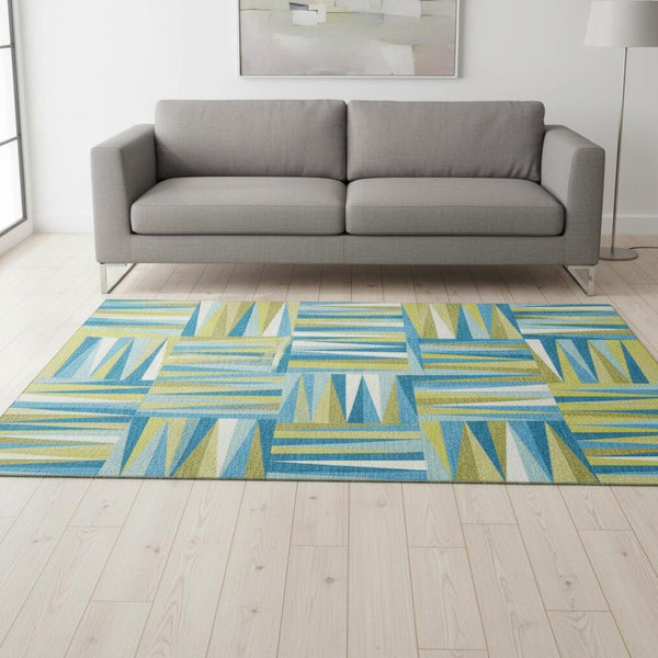 HomeRoots 5' X 8' Teal Green and Ivory Geometric Area Rug - Stylish, Washable, UV-Protected for Modern Spaces 679464