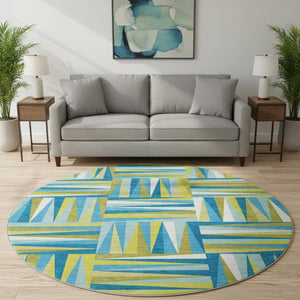 HomeRoots 8' Washable Teal Green & Ivory Geometric Round Rug with UV Protection - Stylish Easy-Care Accent 679465