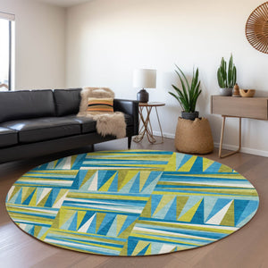 HomeRoots 8' Washable Teal Green & Ivory Geometric Round Rug with UV Protection - Stylish Easy-Care Accent 679465