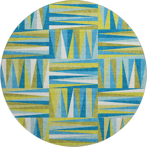 HomeRoots 8' Washable Teal Green & Ivory Geometric Round Rug with UV Protection - Stylish Easy-Care Accent 679465
