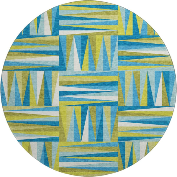 HomeRoots 8' Washable Teal Green & Ivory Geometric Round Rug with UV Protection - Stylish Easy-Care Accent 679465