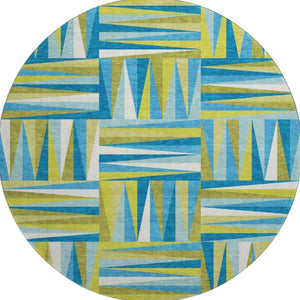HomeRoots 8' Washable Teal Green & Ivory Geometric Round Rug with UV Protection - Stylish Easy-Care Accent 679465