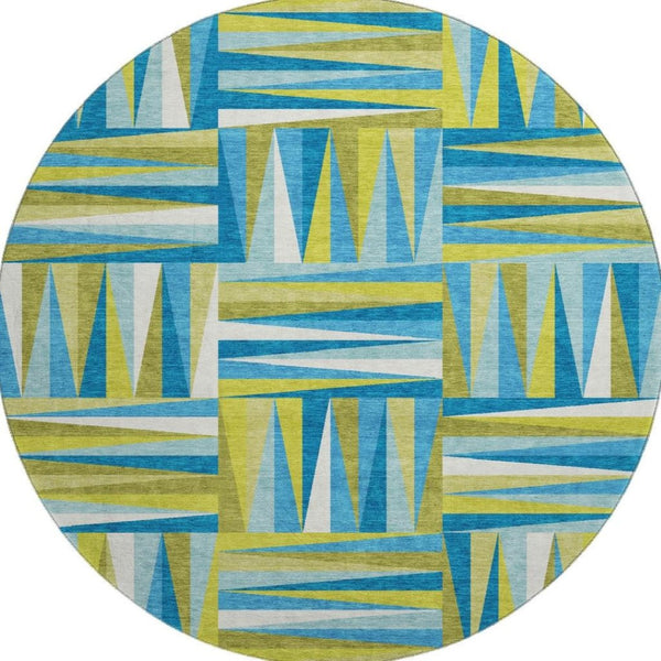 HomeRoots 8' Washable Teal Green & Ivory Geometric Round Rug with UV Protection - Stylish Easy-Care Accent 679465