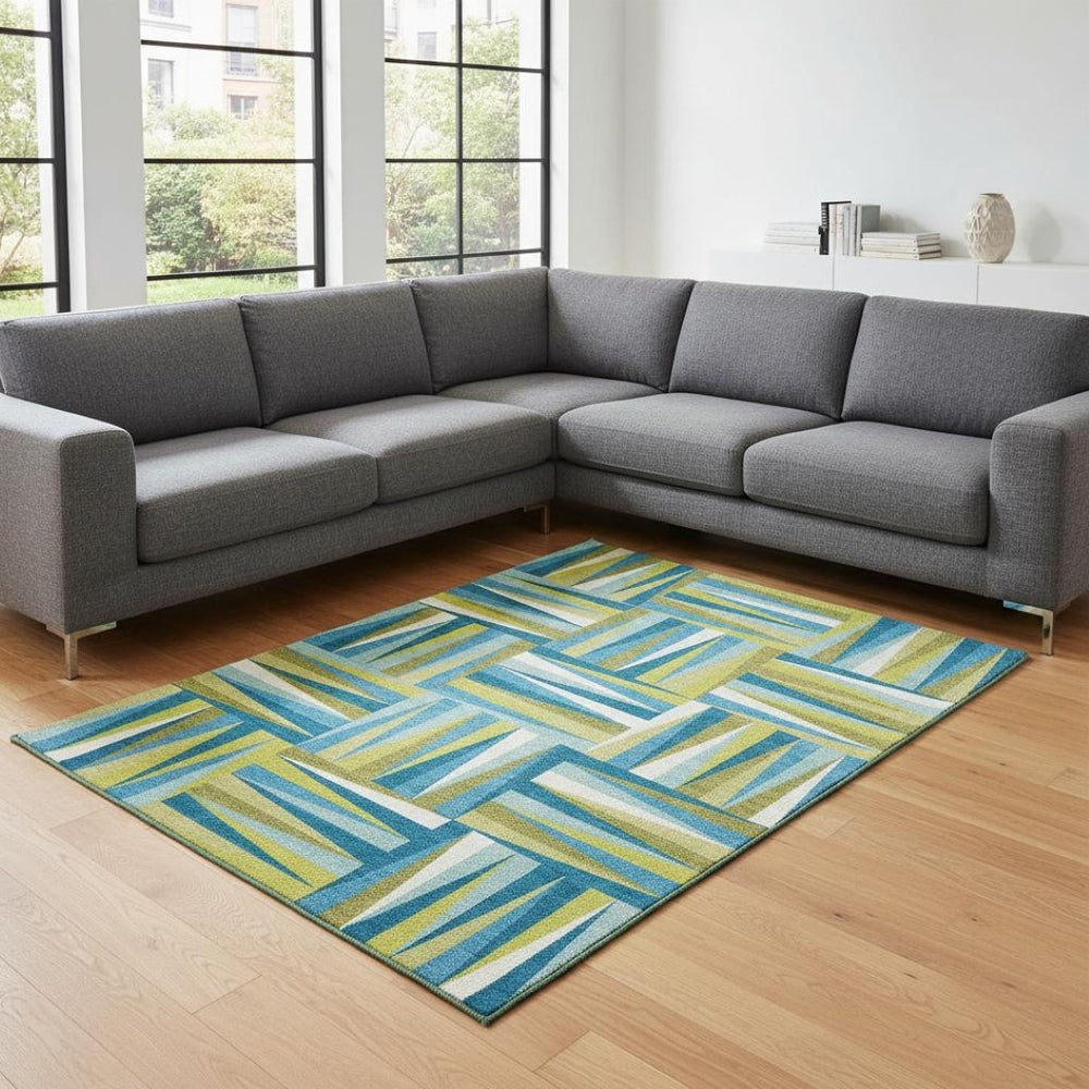 HomeRoots 8' X 10' Teal Green & Ivory Geometric Washable Area Rug with UV Protection for Busy Homes 679466