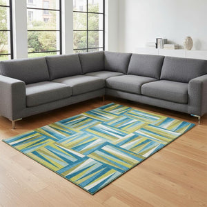 HomeRoots 8' X 10' Teal Green & Ivory Geometric Washable Area Rug with UV Protection for Busy Homes 679466