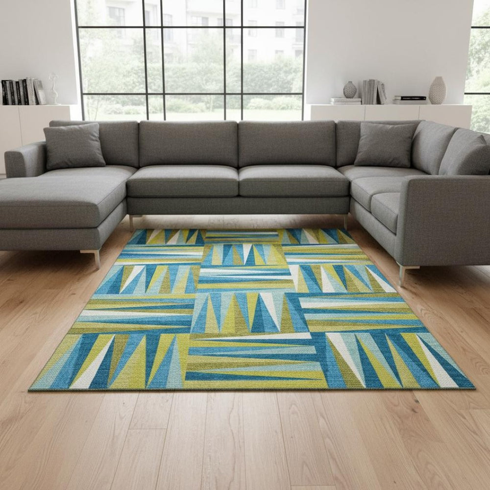 HomeRoots 9' X 12' Teal Green & Ivory Geometric Area Rug – UV Protected, Washable, Stain-Resistant Design 679467