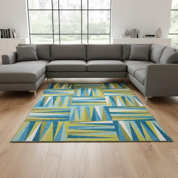HomeRoots 9' X 12' Teal Green & Ivory Geometric Area Rug – UV Protected, Washable, Stain-Resistant Design 679467