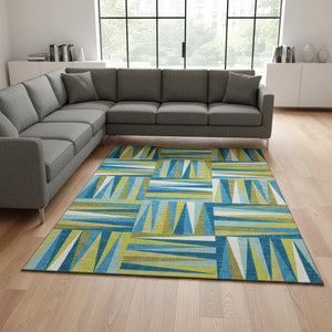 HomeRoots 10' X 14' Teal Green & Ivory Geometric Area Rug - Stylish, Washable, UV-Protected for Any Space! 679468