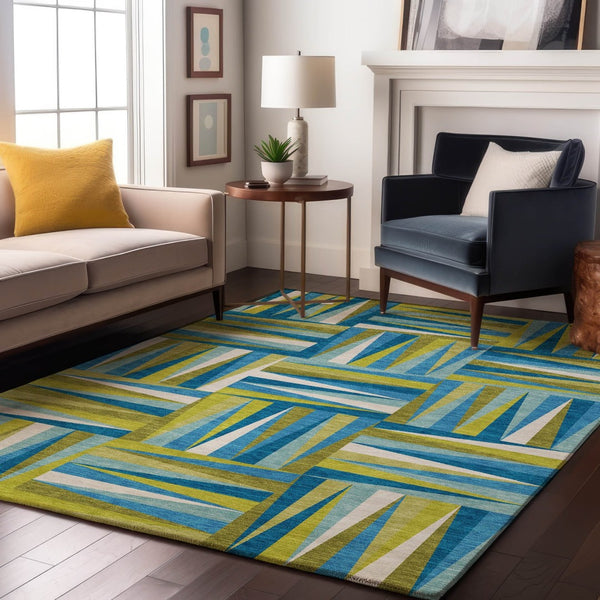 HomeRoots 10' X 14' Teal Green & Ivory Geometric Area Rug - Stylish, Washable, UV-Protected for Any Space! 679468