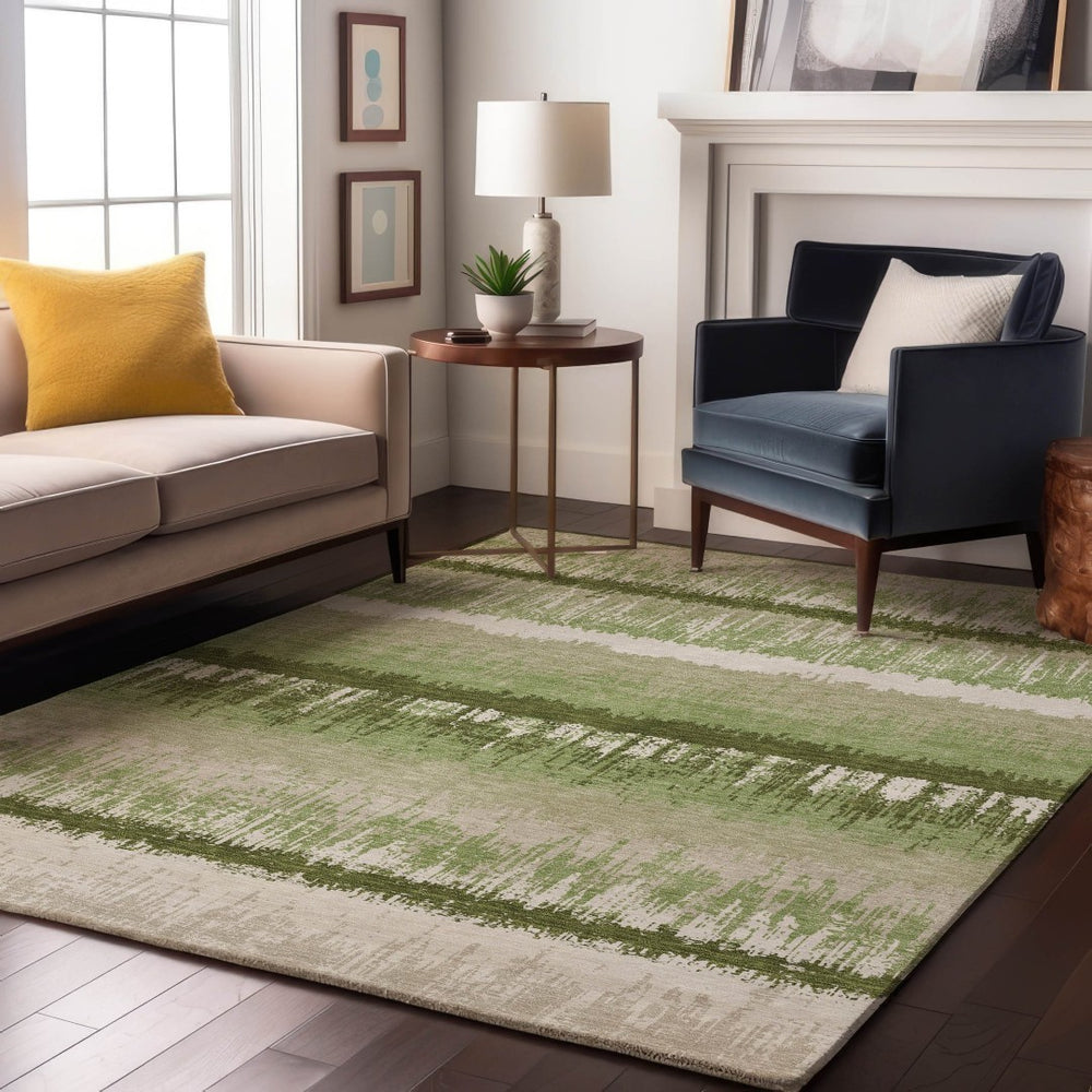HomeRoots 5' X 8' Artichoke Green Striped Area Rug - Washable, UV Protected, Stain Resistant for Busy Homes 679470
