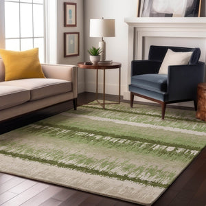 HomeRoots 5' X 8' Artichoke Green Striped Area Rug - Washable, UV Protected, Stain Resistant for Busy Homes 679470