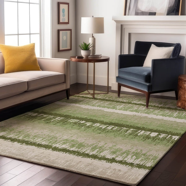 HomeRoots 5' X 8' Artichoke Green Striped Area Rug - Washable, UV Protected, Stain Resistant for Busy Homes 679470