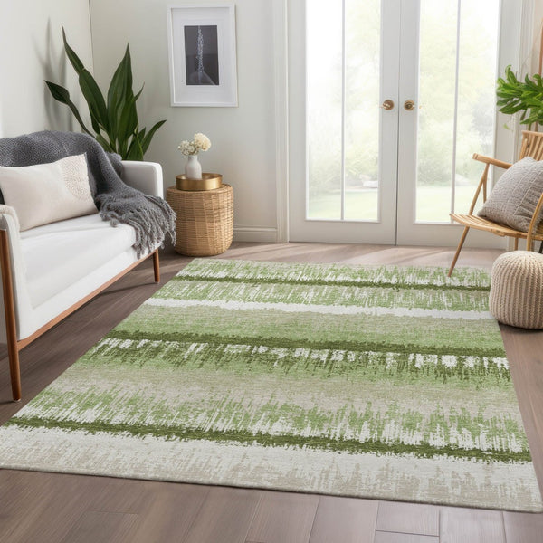 HomeRoots 5' X 8' Artichoke Green Striped Area Rug - Washable, UV Protected, Stain Resistant for Busy Homes 679470