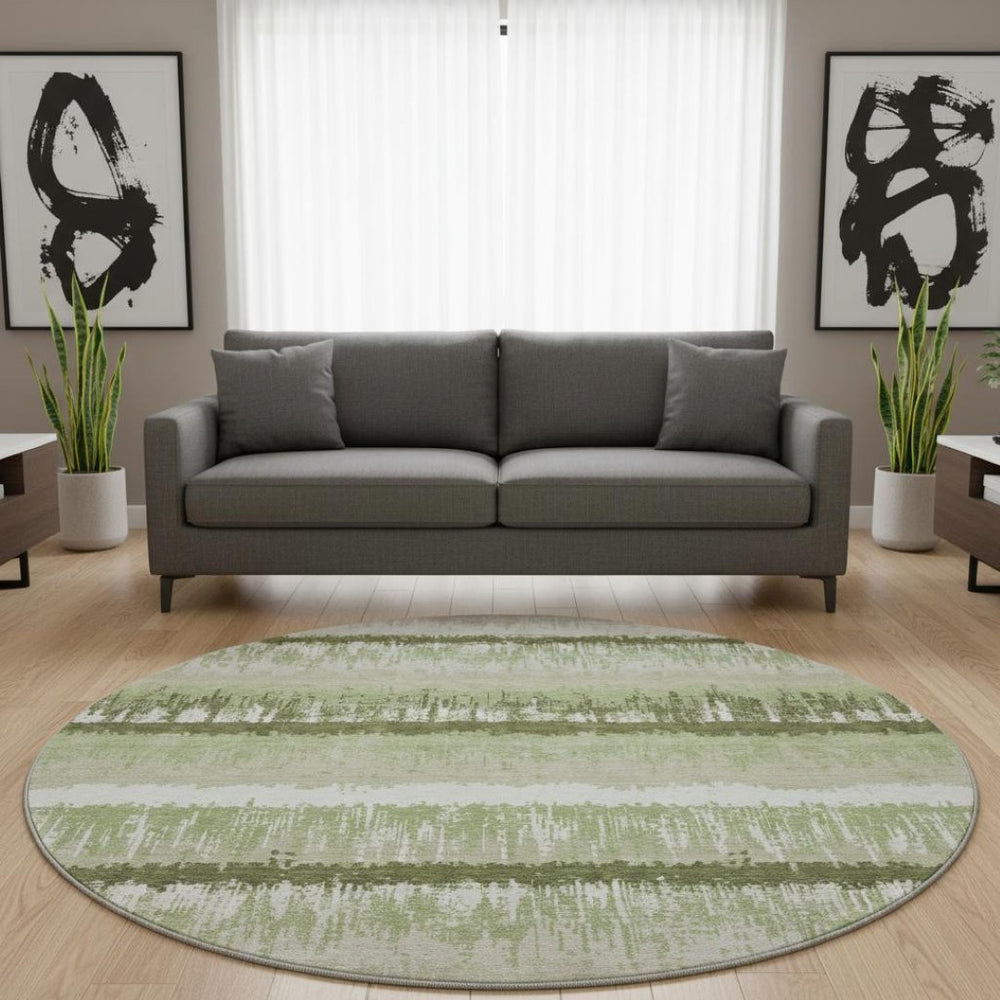 HomeRoots 8' Artichoke Green Striped Round Rug - Washable, UV Protected, Stain Resistant for Indoor & Outdoor Use 679471