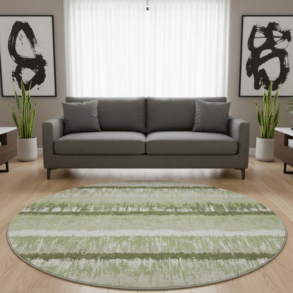 HomeRoots 8' Artichoke Green Striped Round Rug - Washable, UV Protected, Stain Resistant for Indoor & Outdoor Use 679471