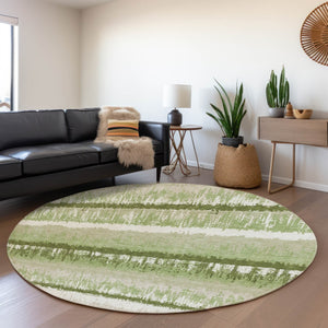 HomeRoots 8' Artichoke Green Striped Round Rug - Washable, UV Protected, Stain Resistant for Indoor & Outdoor Use 679471