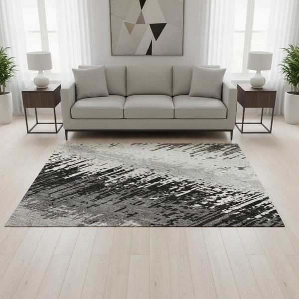 HomeRoots 5' X 8' Black, Ivory & Gray Striped Washable Area Rug - Durable, UV Protected & Stain Resistant! 679476