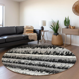 HomeRoots 8' Striped Washable Round Rug in Black, Ivory, and Gray - UV Protected, Pet & Kid Friendly Design 679477