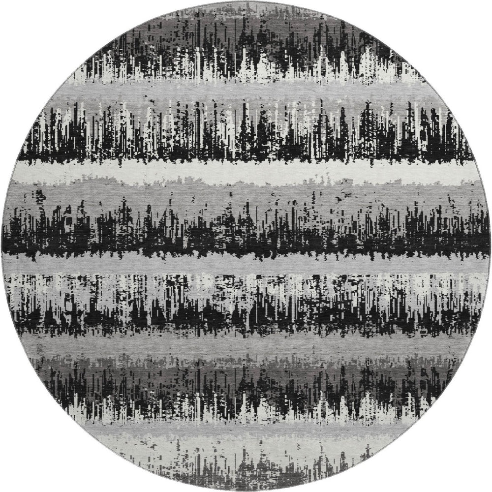 HomeRoots 8' Striped Washable Round Rug in Black, Ivory, and Gray - UV Protected, Pet & Kid Friendly Design 679477