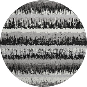 HomeRoots 8' Striped Washable Round Rug in Black, Ivory, and Gray - UV Protected, Pet & Kid Friendly Design 679477