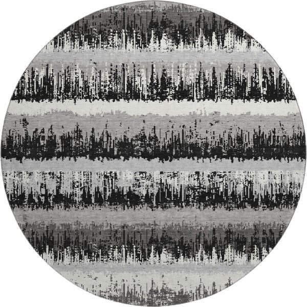 HomeRoots 8' Striped Washable Round Rug in Black, Ivory, and Gray - UV Protected, Pet & Kid Friendly Design 679477