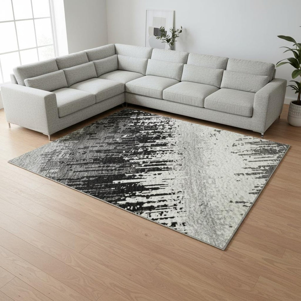 HomeRoots 8' X 10' Striped Washable Area Rug – Elegant Black, Ivory & Gray, UV Protected for Modern Spaces! 679478