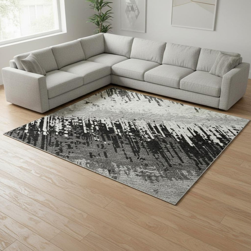 HomeRoots 9' Stylish Black, Ivory & Gray Striped Washable Area Rug with UV Protection for High-Traffic Spaces 679479