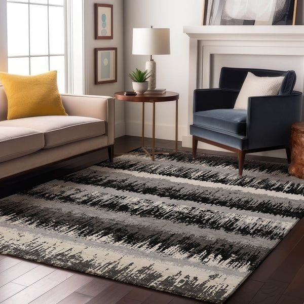HomeRoots 10' X 14' Black Ivory Gray Striped Washable Area Rug - Stain Resistant, UV Protected, Durable Design 679480