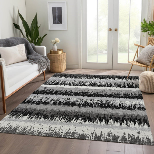 HomeRoots 10' X 14' Black Ivory Gray Striped Washable Area Rug - Stain Resistant, UV Protected, Durable Design 679480