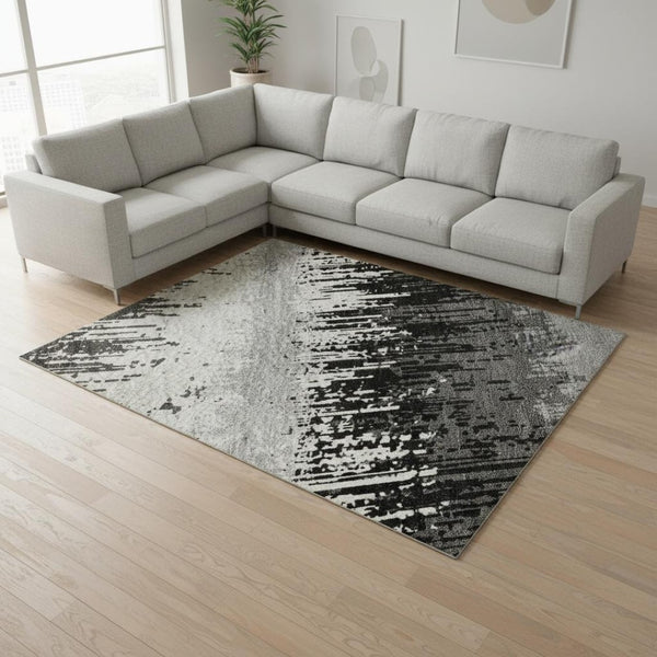 HomeRoots 10' X 14' Black Ivory Gray Striped Washable Area Rug - Stain Resistant, UV Protected, Durable Design 679480
