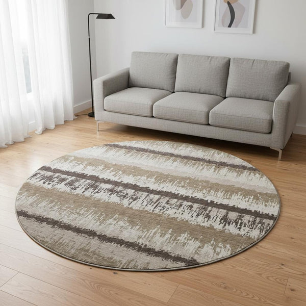 HomeRoots 8' Stylish Brown Beige and Ivory Striped Round Rug - Washable, UV Protected, Durable for Busy Homes 679483