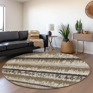 HomeRoots 8' Stylish Brown Beige and Ivory Striped Round Rug - Washable, UV Protected, Durable for Busy Homes 679483