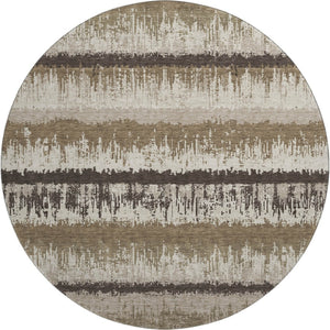 HomeRoots 8' Stylish Brown Beige and Ivory Striped Round Rug - Washable, UV Protected, Durable for Busy Homes 679483