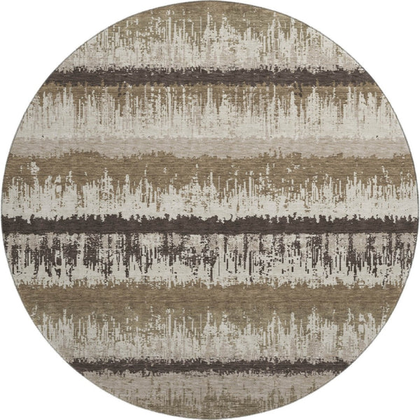 HomeRoots 8' Stylish Brown Beige and Ivory Striped Round Rug - Washable, UV Protected, Durable for Busy Homes 679483