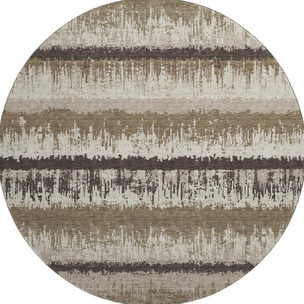 HomeRoots 8' Stylish Brown Beige and Ivory Striped Round Rug - Washable, UV Protected, Durable for Busy Homes 679483