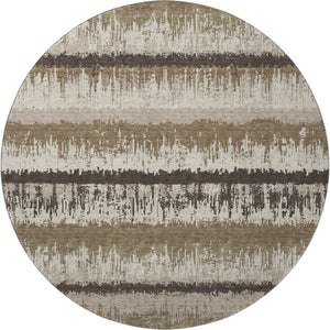 HomeRoots 8' Stylish Brown Beige and Ivory Striped Round Rug - Washable, UV Protected, Durable for Busy Homes 679483